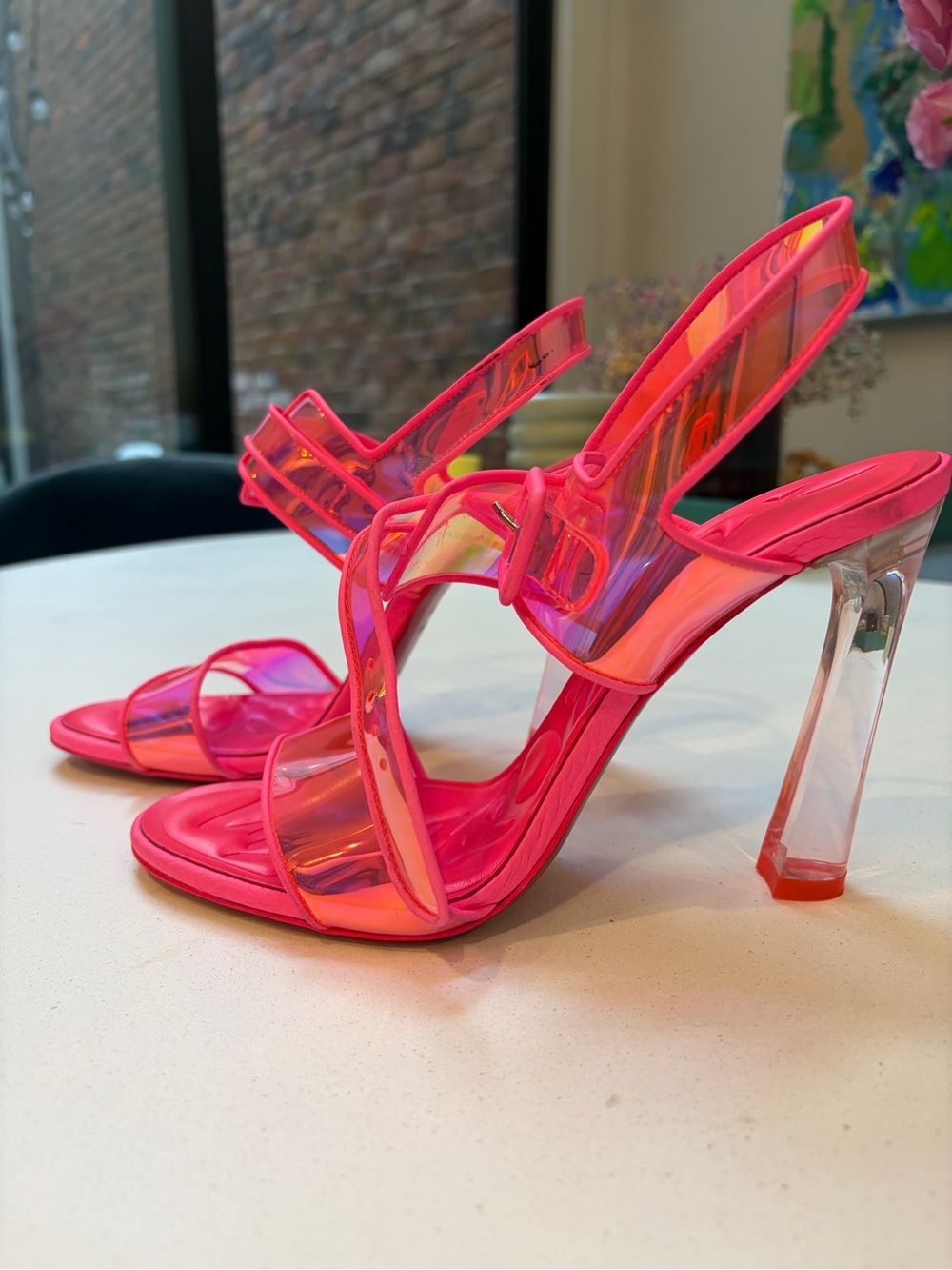 Christian Louboutin Neon Pink Iridescent Strap Heels